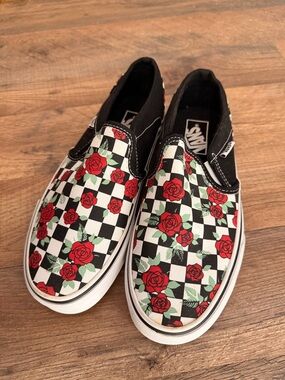 Vans Checkerboard Slip-Ons with Red Rose Pattern